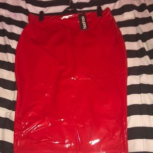 Red High PU Midi Skirt